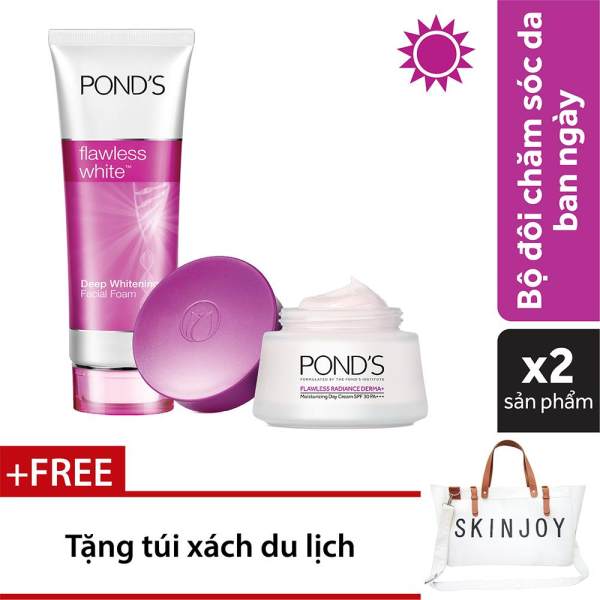 Bộ đôi Ponds Trắng mướt đều màu Sữa rửa mặt 100g & Kem dưỡng ban ngày - TẶNG Túi xách du lịch thời trang
