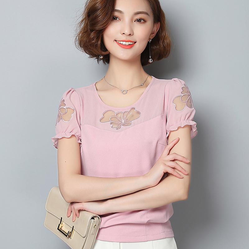 2019 สำหรับฤดูร้อนใหม่สไตล์เกาหลีแบบสั้นรัดเอวแลดูผอมเสื้อแขนสั้นลูกไม้สตรีลูกไม้เย็บเสื้อตัวเล็กซับในเสื้อหญิง