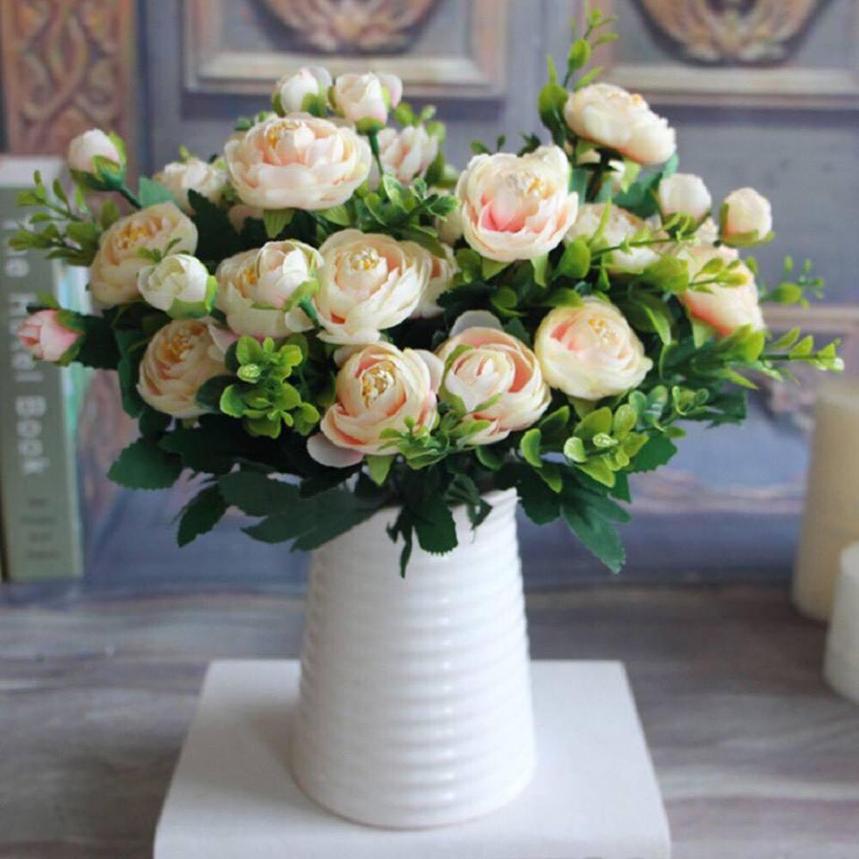 Hoa hồng lụa Piona phong cách châu Âu sang trọng, cành 6 bông nhỏ - Hoa giả cao cấp