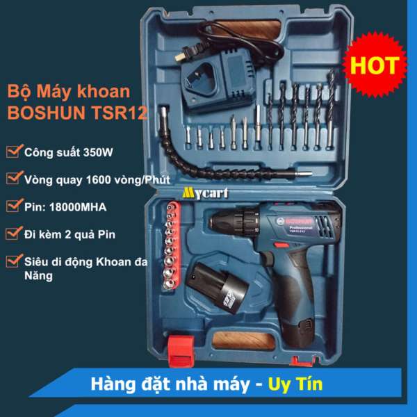 Bộ máy khoan đa năng BOSHUN - TSR12 dùng PIN - Kèm 2 quả PIN 36000MHA