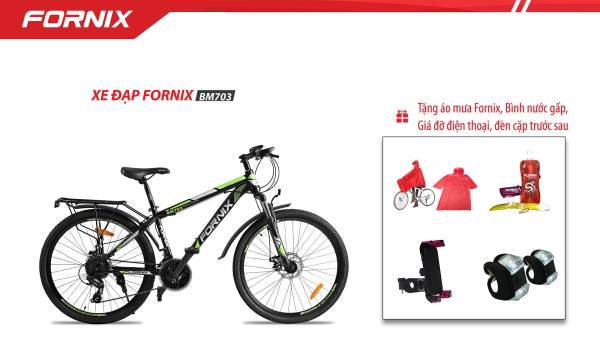 Xe đạp địa hình hiệu FORNIX BM703 + 4 quà tặng (áo mưa fornix-bình nước gấp-giá đỡ điện thoại-đèn cặp trước sau)