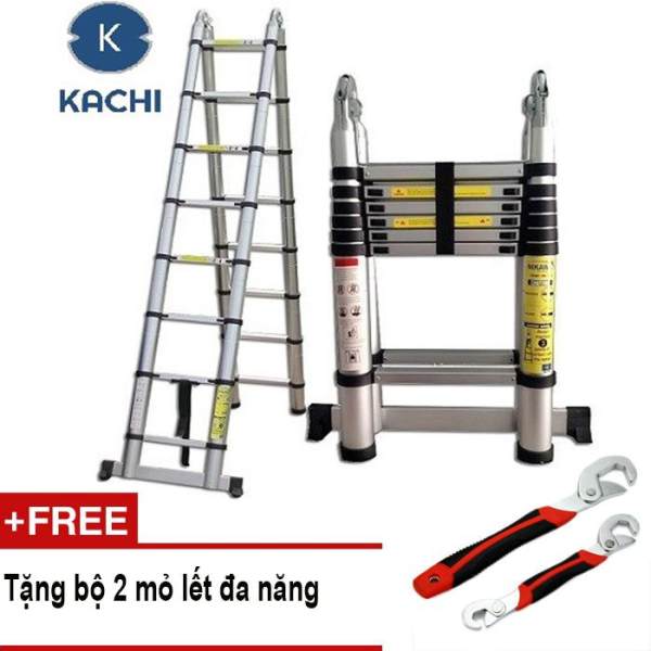 Thang nhôm rút chữ A 3m8 Kachi MK02 + Tặng bộ 2 mỏ lết đa năng