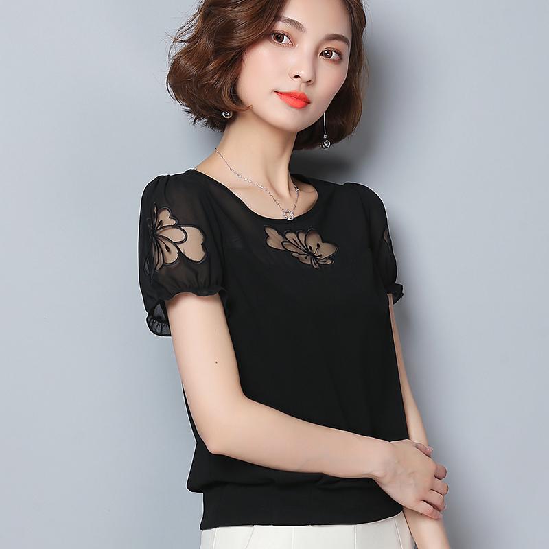 2019 สำหรับฤดูร้อนใหม่สไตล์เกาหลีแบบสั้นรัดเอวแลดูผอมเสื้อแขนสั้นลูกไม้สตรีลูกไม้เย็บเสื้อตัวเล็กซับในเสื้อหญิง