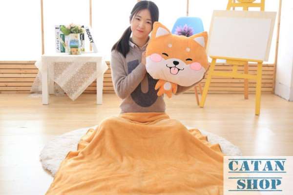 Gối mềnchó shiba inu 3 trong 1 , nỉ nhung cực mịn, bộ chăn gối văn phòng, gấu bông kèm mền