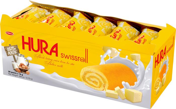 Bánh trứng cuộn kem bơ sữa Hura Swissroll hộp 360g