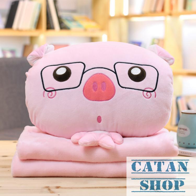 Gối mền heo cute 3 trong 1, nỉ nhung cực mịn, bộ chăn gối văn phòng, gấu bông kèm mền