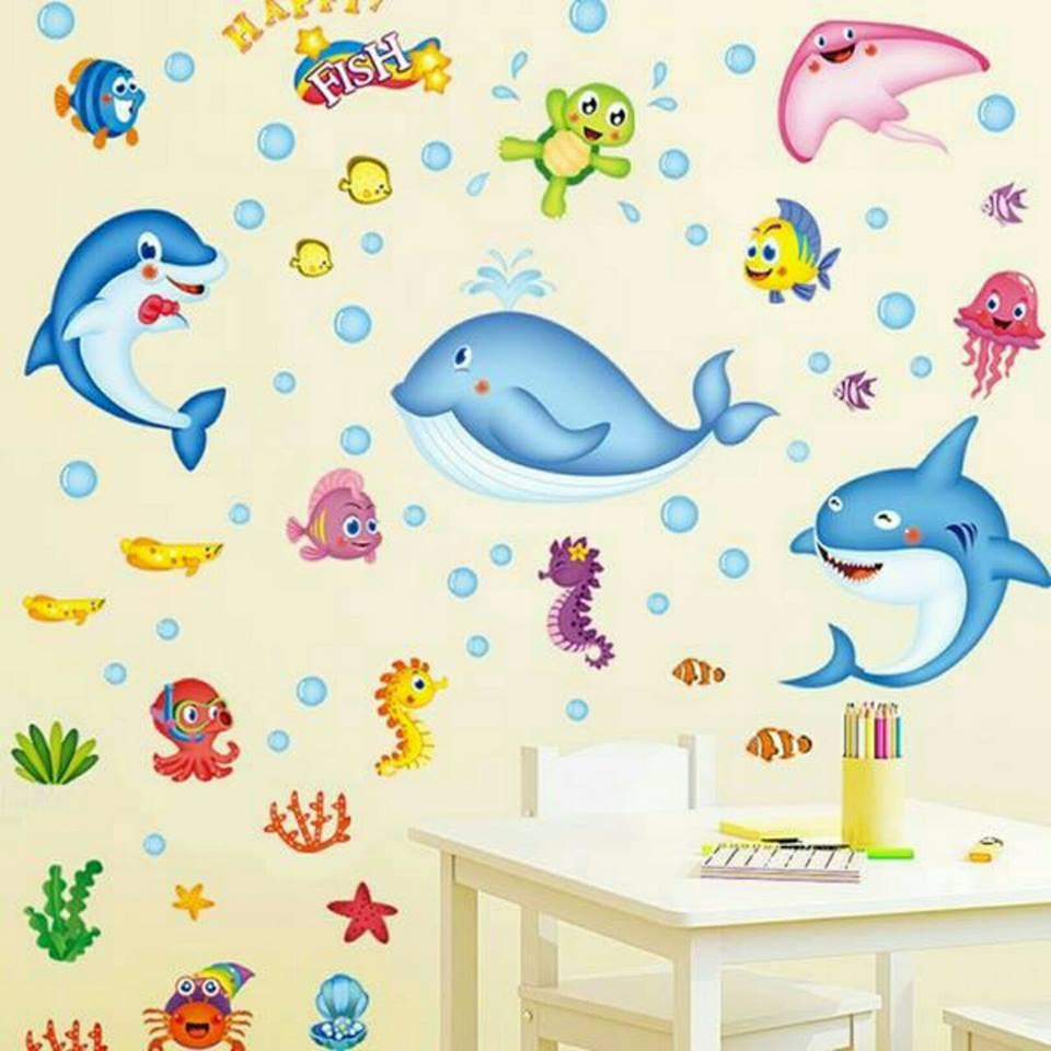 Decal trang trí dán tường đàn cá sắc màu