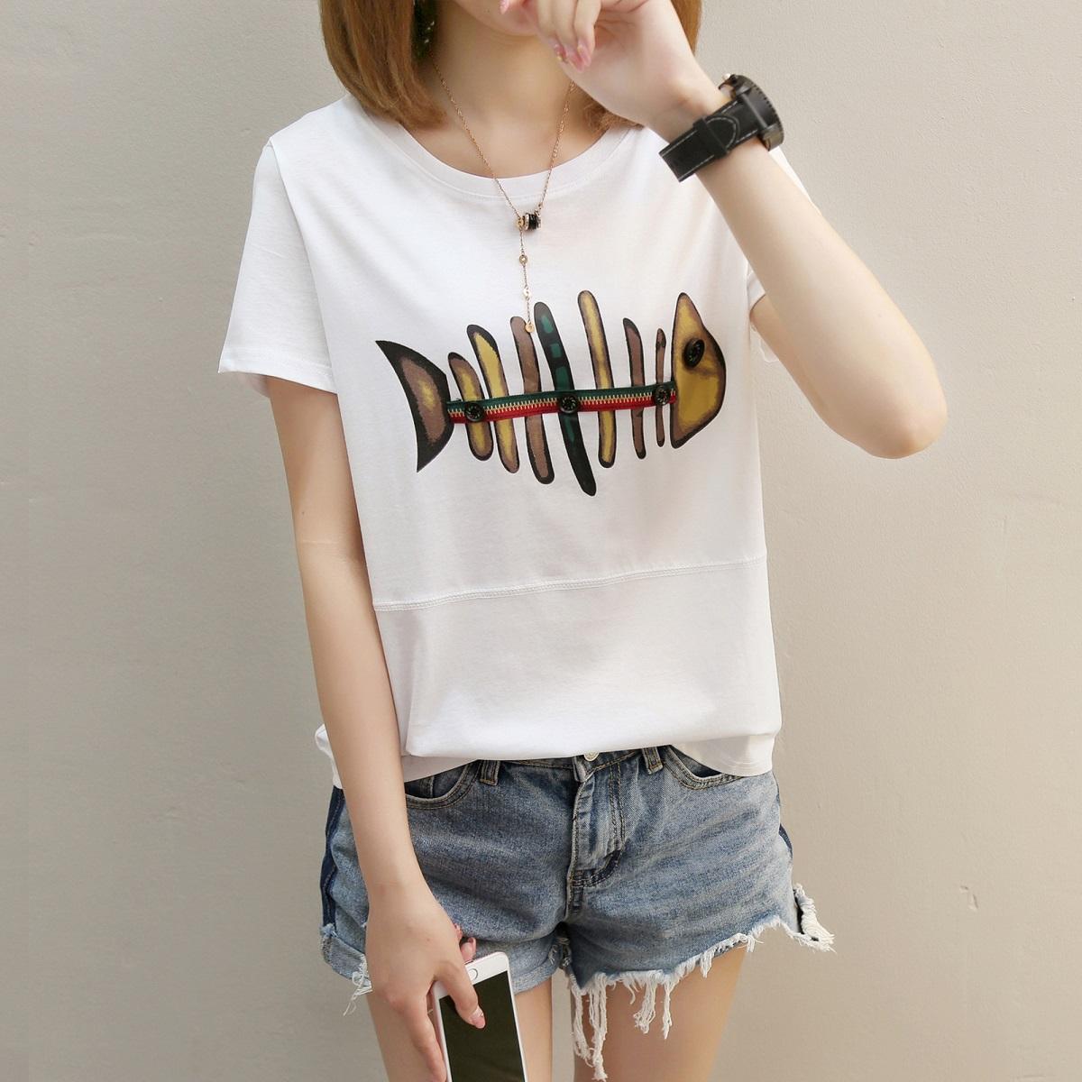 Xian Yuansu เสื้อยืดแขนสั้น คอกลม แบบหลวม สไตล์ผู้หญิงเกาหลี (271 (สีขาว)) (271 (สีขาว))