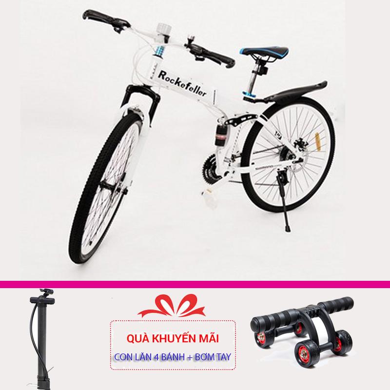 Xe đạp thể thao gấp gọn Rockefeller (Màu trắng) + Tặng con lăn tập cơ bụng 4 bánh