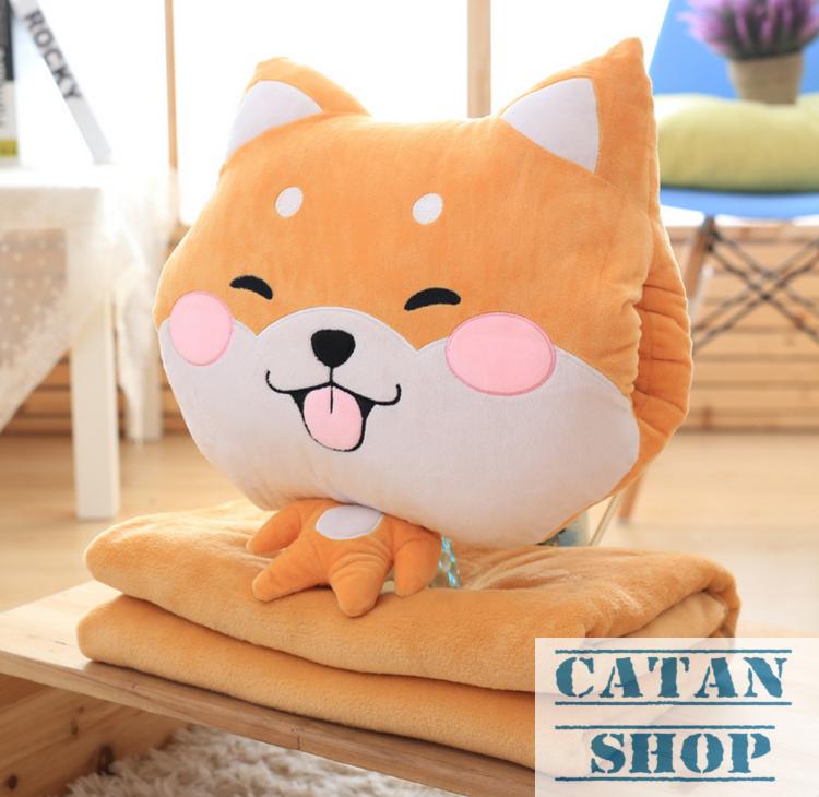 Gối mềnchó shiba inu 3 trong 1 , nỉ nhung cực mịn, bộ chăn gối văn phòng, gấu bông kèm mền