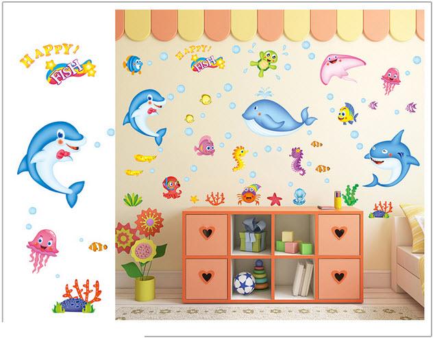 Decal trang trí dán tường đàn cá sắc màu