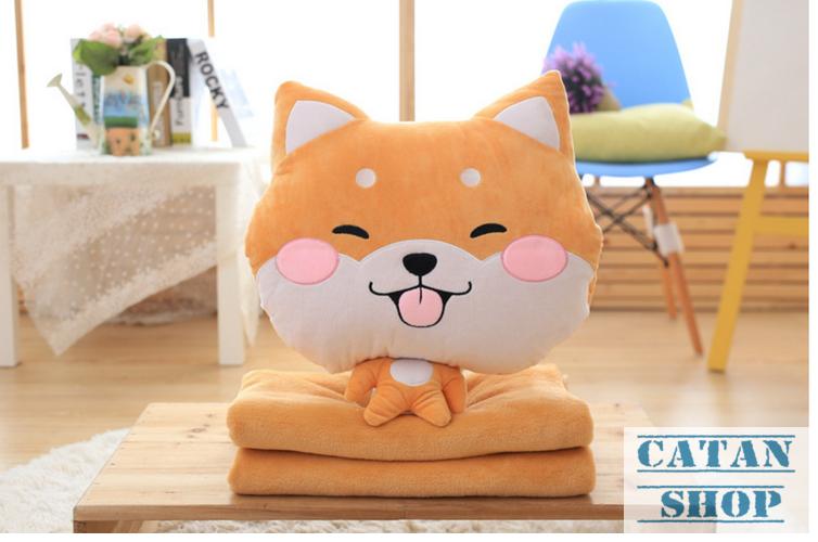 Gối mềnchó shiba inu 3 trong 1, nỉ nhung cực mịn, bộ chăn gối văn phòng, gấu bông kèm mền