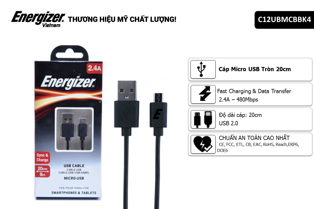 Cáp Energizer Micro USB C12UBMCBBK4 20cm