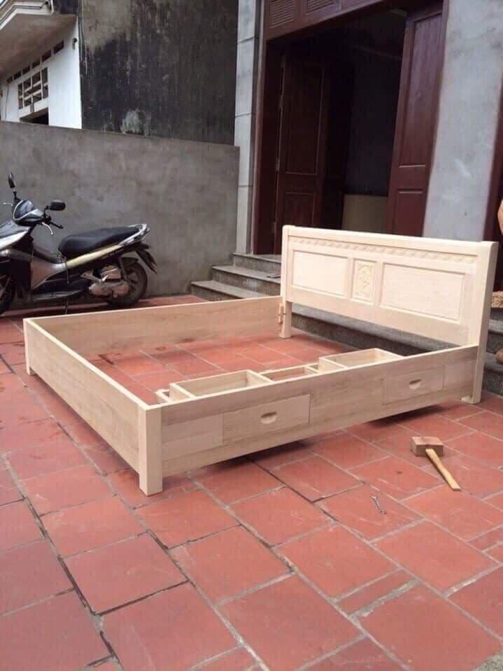 Giường ngủ gỗ sồi đầu cong có 2 ngăn kéo