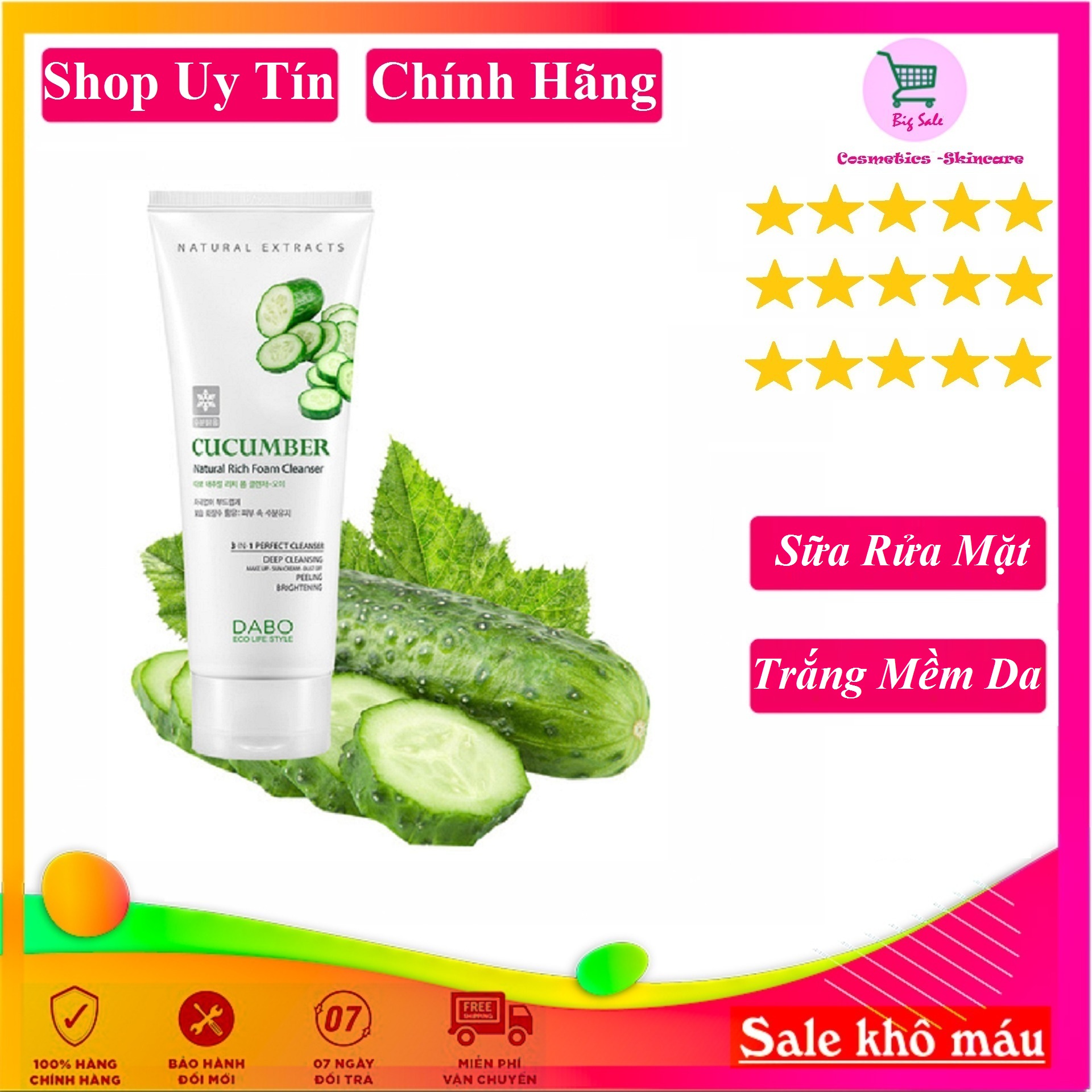 Sữa Rửa Mặt Dưa Leo Dabo 3 in 1 Rich Foarm Cleanser 180ml