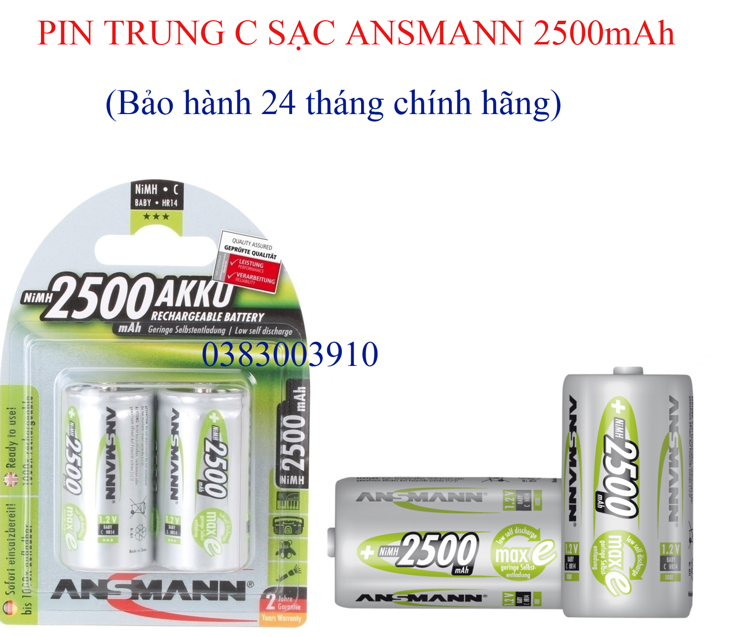 Pin trung sạc C ANSMANN 2500mAh NiMH HR14 BL2