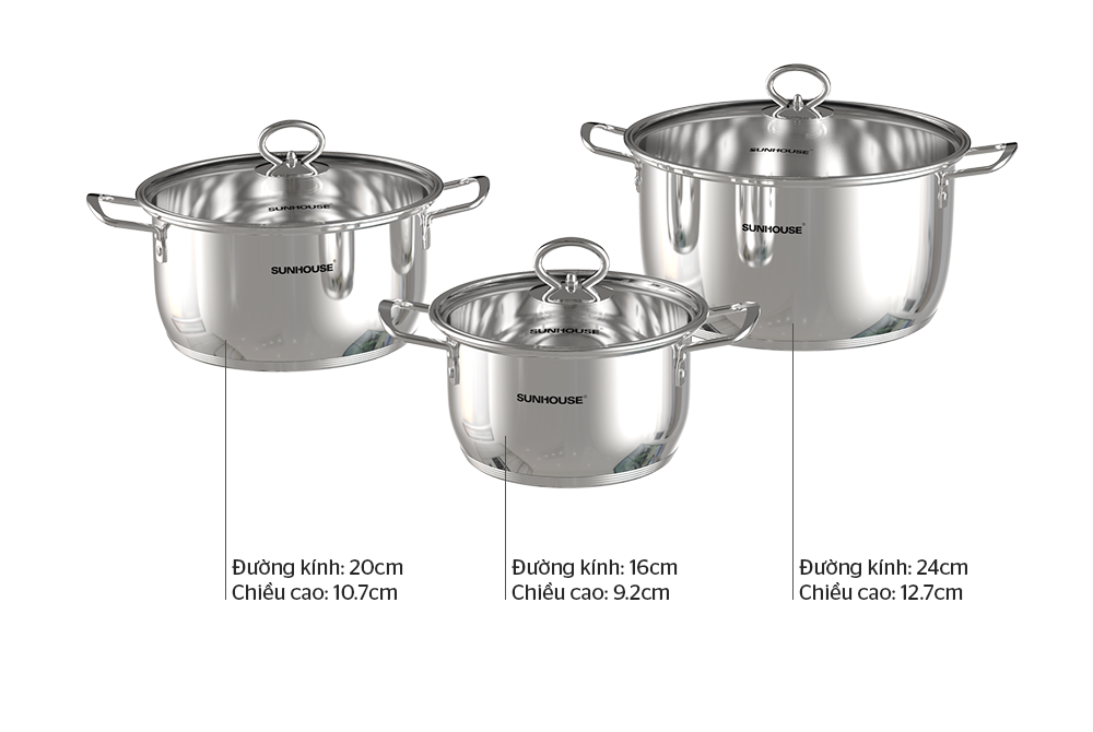 BỘ 3 NỒI INOX SUNHOUSE SHG788