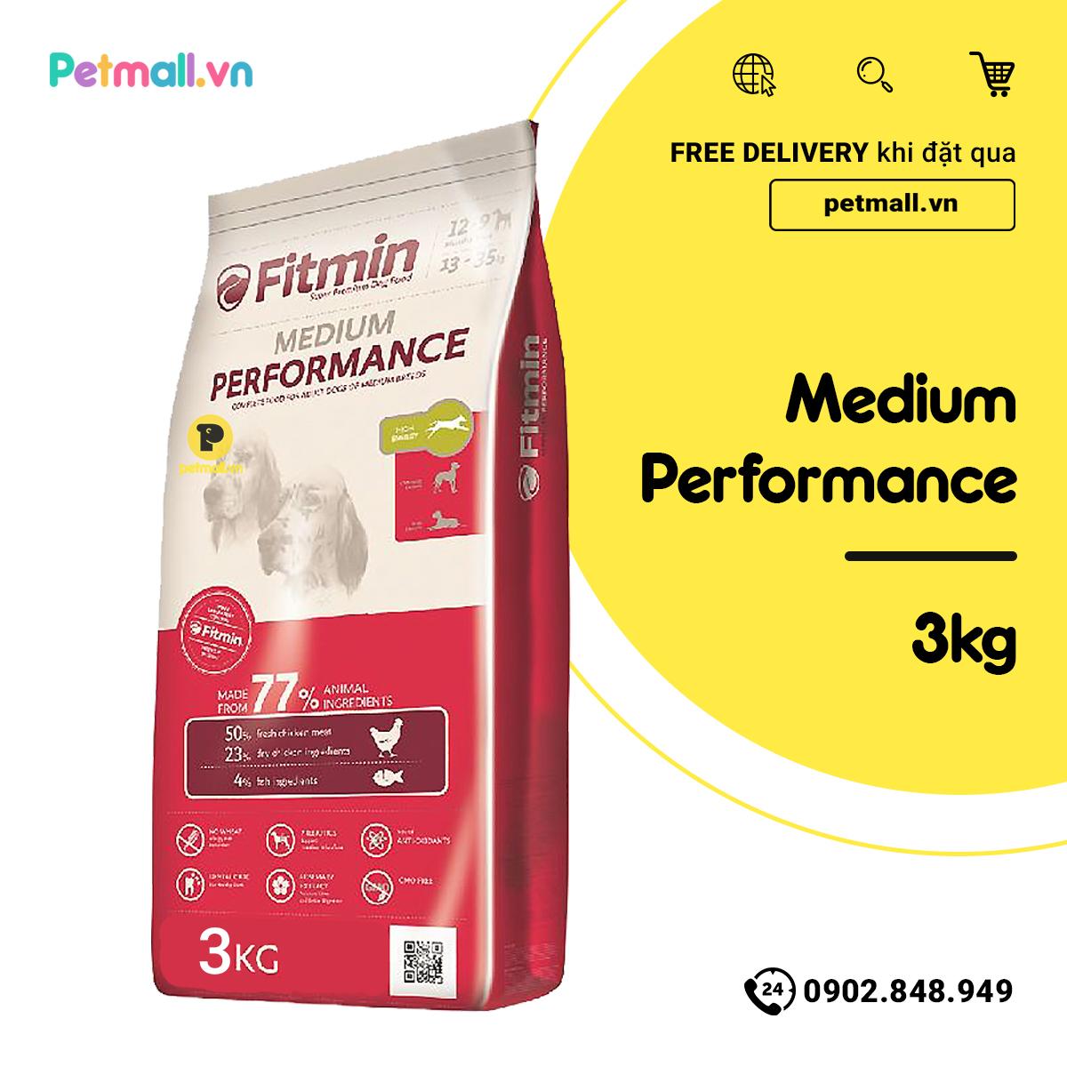 Thức ăn cho chó Fitmin Medium Performance - 3kg, dành cho chó 13-35kg và trên 12 tháng