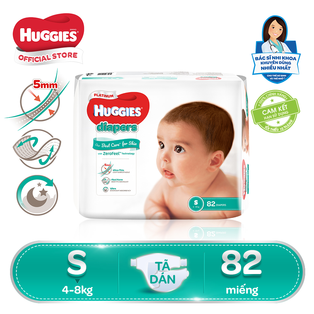 Tã dán Huggies Platinum siêu cao cấp size S - 82 miếng (Cho bé 4 - 8kg)