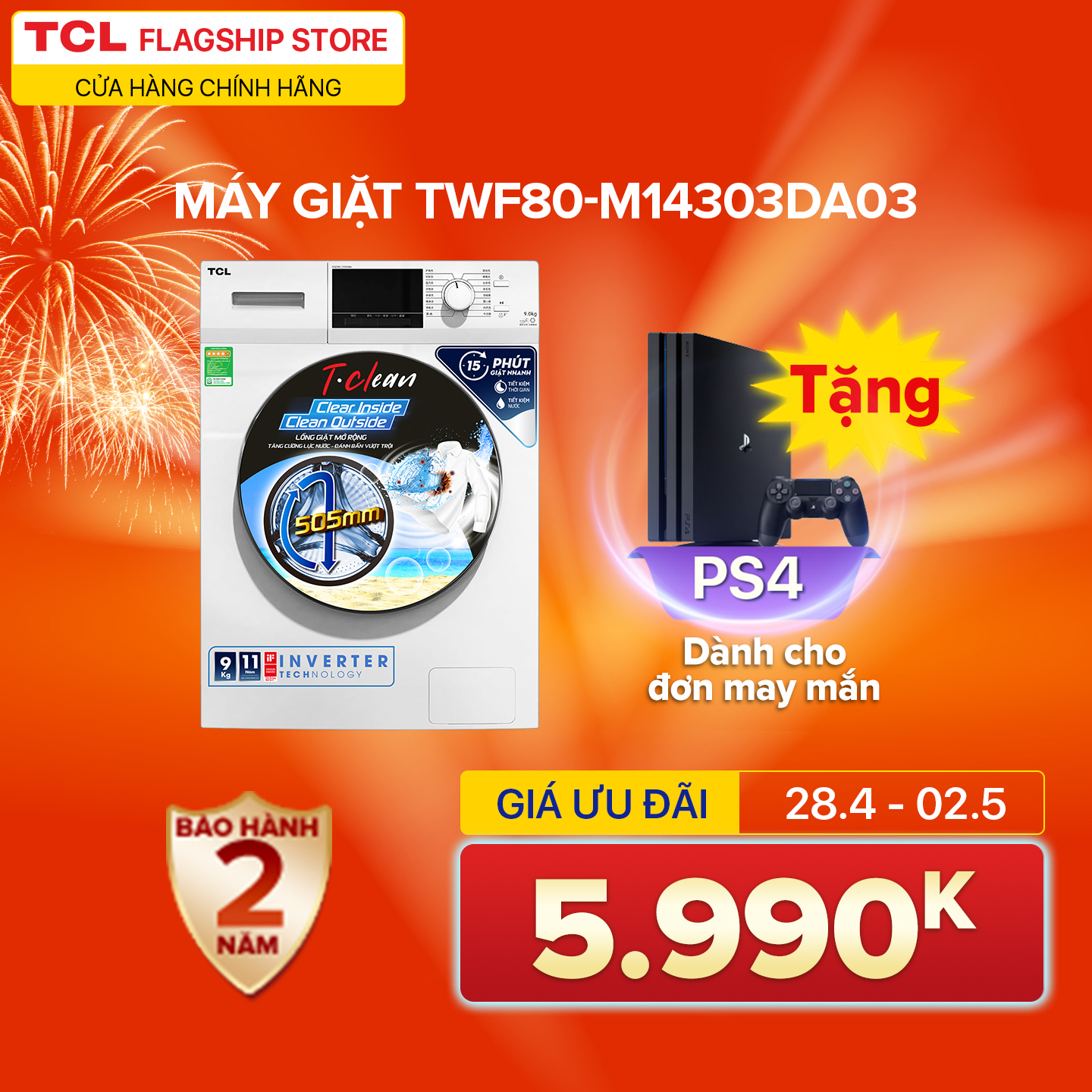 Máy Giặt TCL TWF80-M14303DA03 Inverter 8 Kg