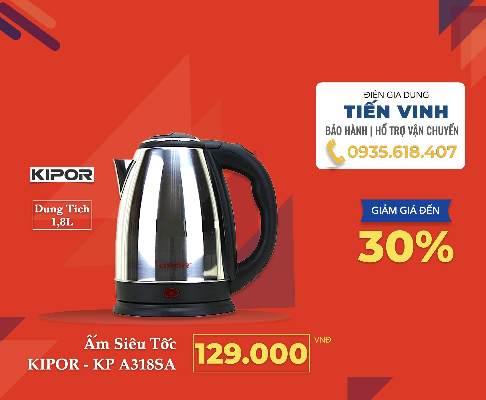 Ấm siêu tốc KIPOR KP-A318SA 1.8L