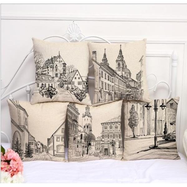 5PCS Buildings Pattern Cotton Linen Pillow Cover Sofa Cushion Throw Pillowcase Home Decor - intl