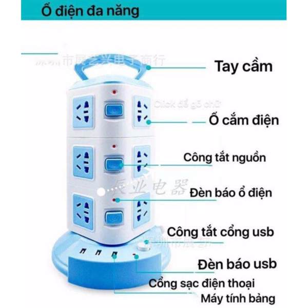 Ổ cắm điện đa năng 3 tầng kiêm cổng sạc cho các loại Smatphone.