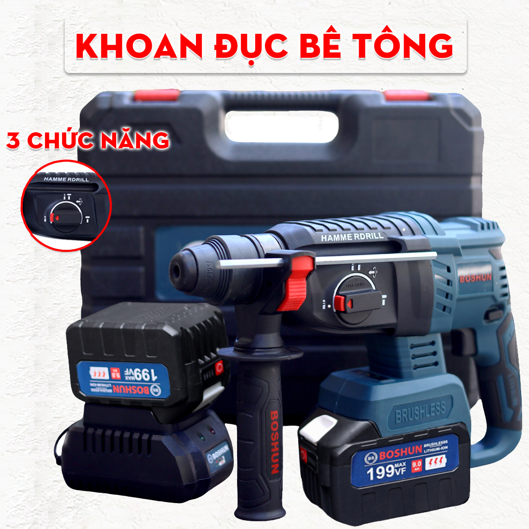 3 CHỨC NĂNG Bộ Máy Khoan Đục Bê Tông Dùng Pin BOSHUN Không Chổi Than