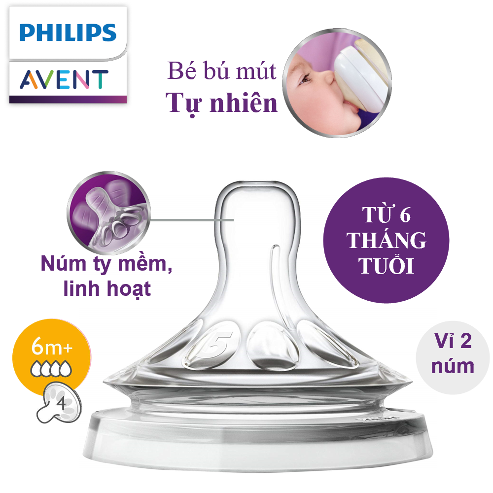 Núm ty Philips Avent SCF654/27 6M+ 4 lỗ Natural (2 chiếc)