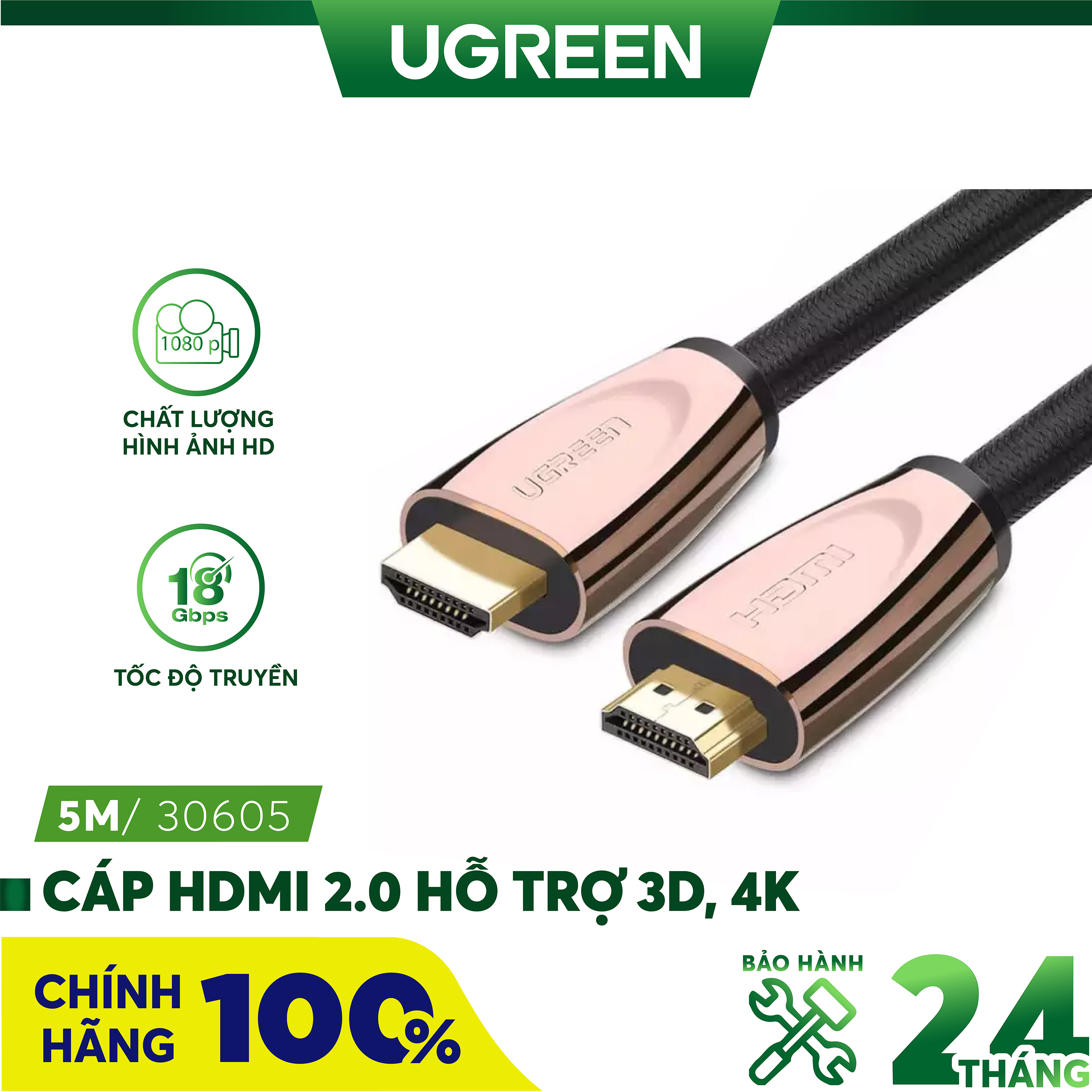 Cáp HDMI 2.0 Ugreen 30605 dài 5M hỗ trợ 3D, 4K, Ethernet
