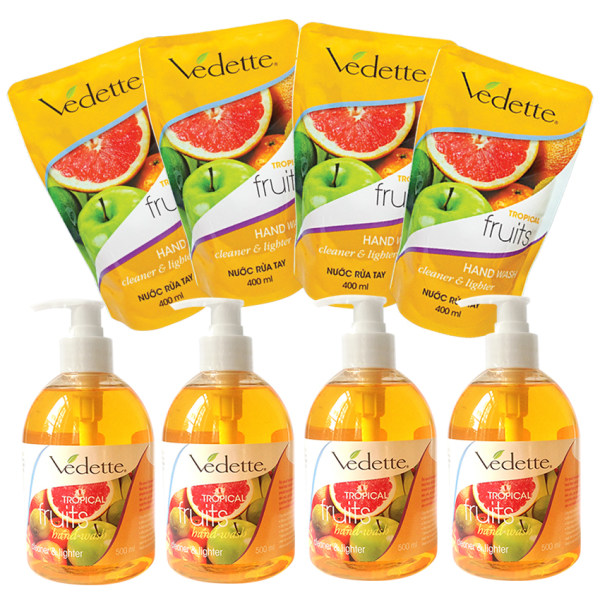 Bộ nước rửa tay diệt khuẩn Tropical Fruits Vedette 4 chai x 500ml và 4 gói x 400ml