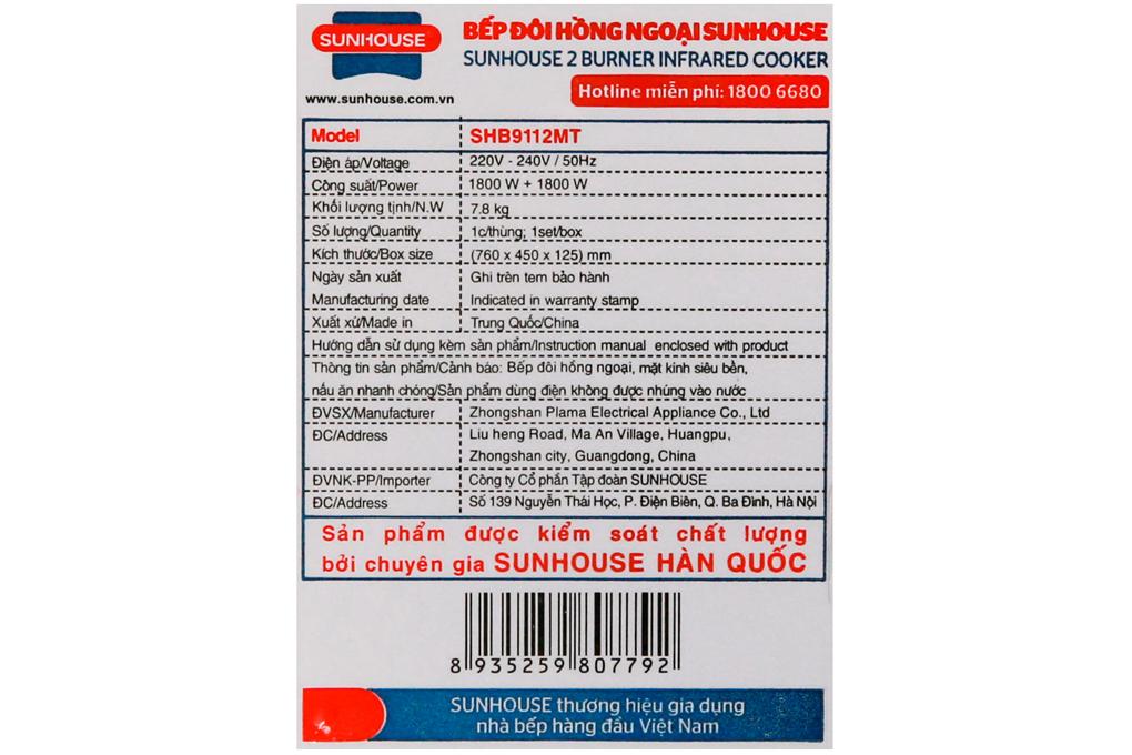 Bếp hồng ngoại đôi Sunhouse SHB9112MT