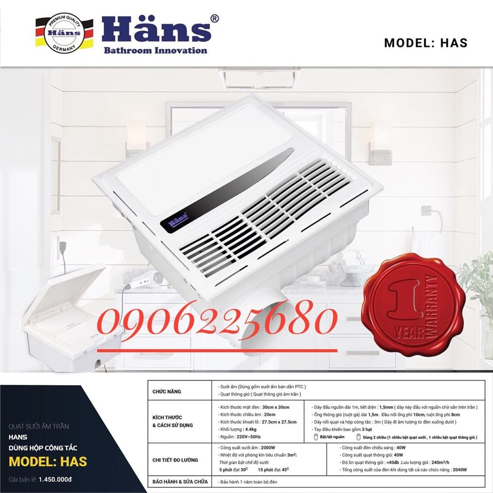 Quạt sưởi nhà tắm âm trần Hans HA-S