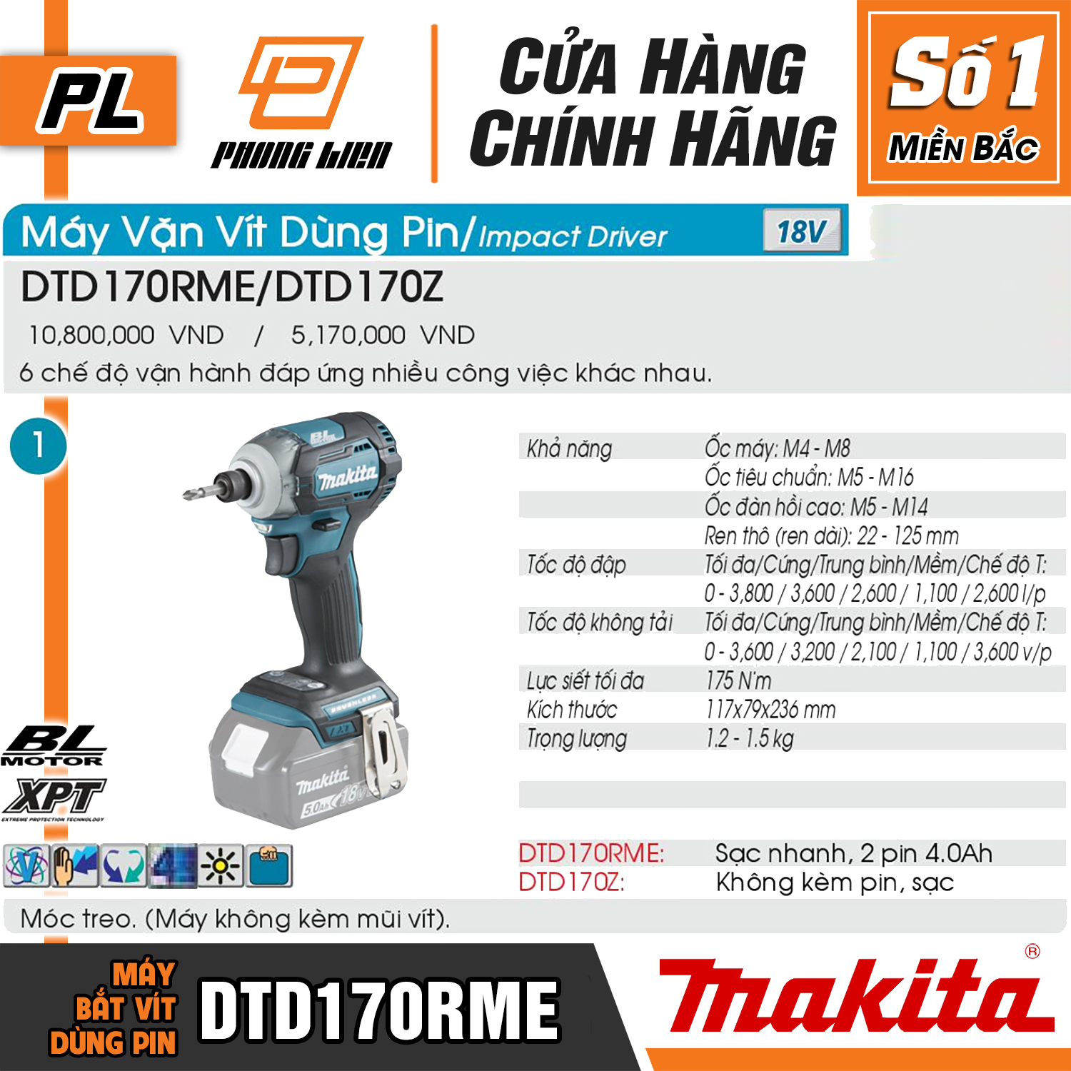 MÁY BẮT VÍT DÙNG PIN MAKITA DTD170RME