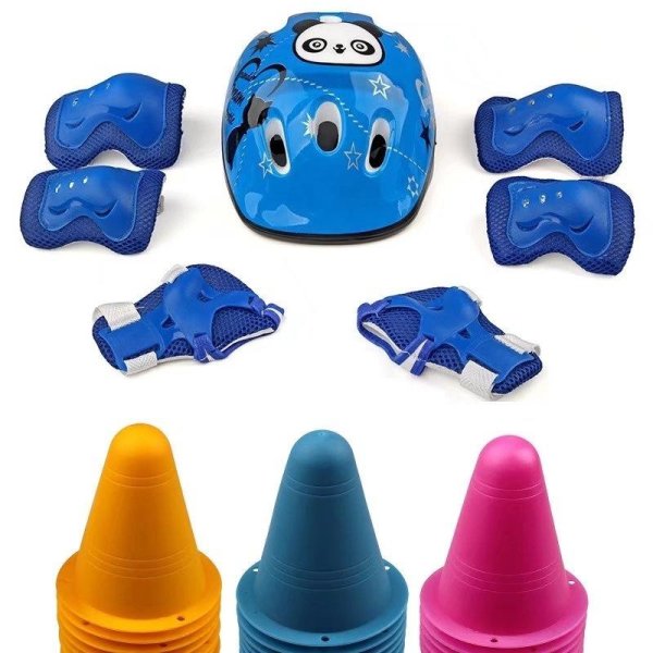 7pcs Kid Cartoon Panda Helmet Protective Elbow Wrist Knee Pads(Blue)+20pcs Soft Anti-Break Skating Piles Windproof Obstacle Cups(Random Color) For Sport Cycling Skateboard Roller Skating Skill Training Competition Safety Set - intl