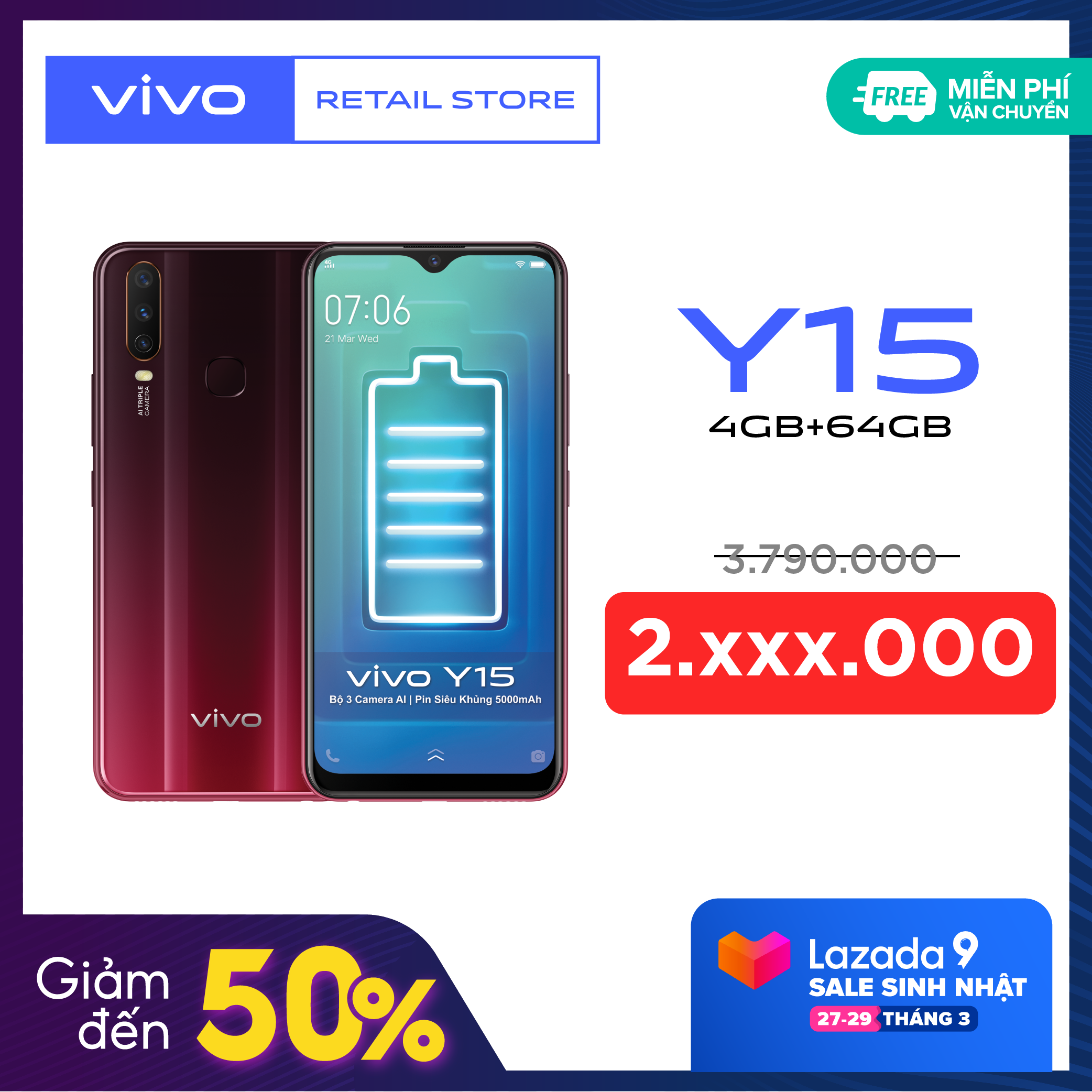 Điện thoại Vivo Y15 - 4GB RAM, 64GB, 6.35 inch