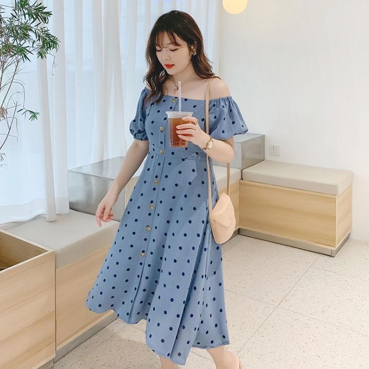 Đầm xòe chấm bi xanh