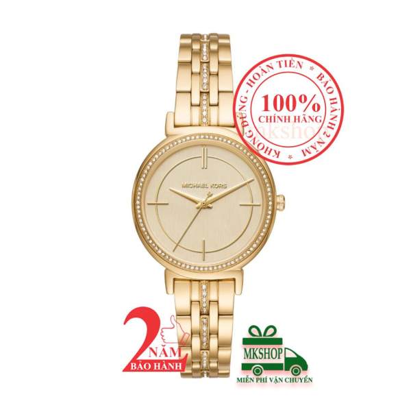 Nơi bán Đồng hồ nữ Michael Kors Cinthia MK3681, Vỏ, mặt và dây màu Vàng (Gold), viền đá pha lê Swarovski, size 33mm - Model: MK3681