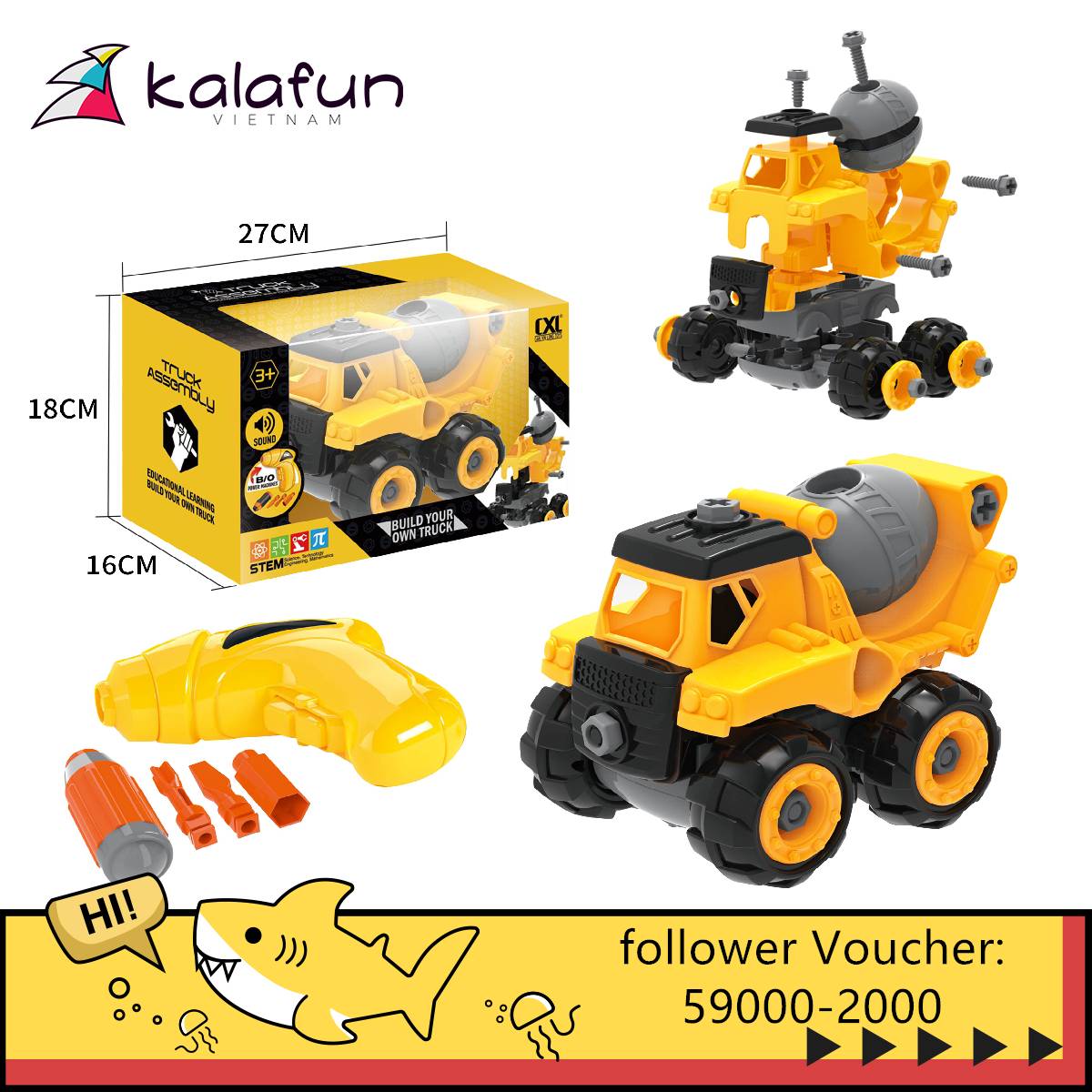 Đồ chơi trẻ em STEM Xe trộn bê tông và máy khoan (có thể dùng pin và âm thanh) CXL600-12B