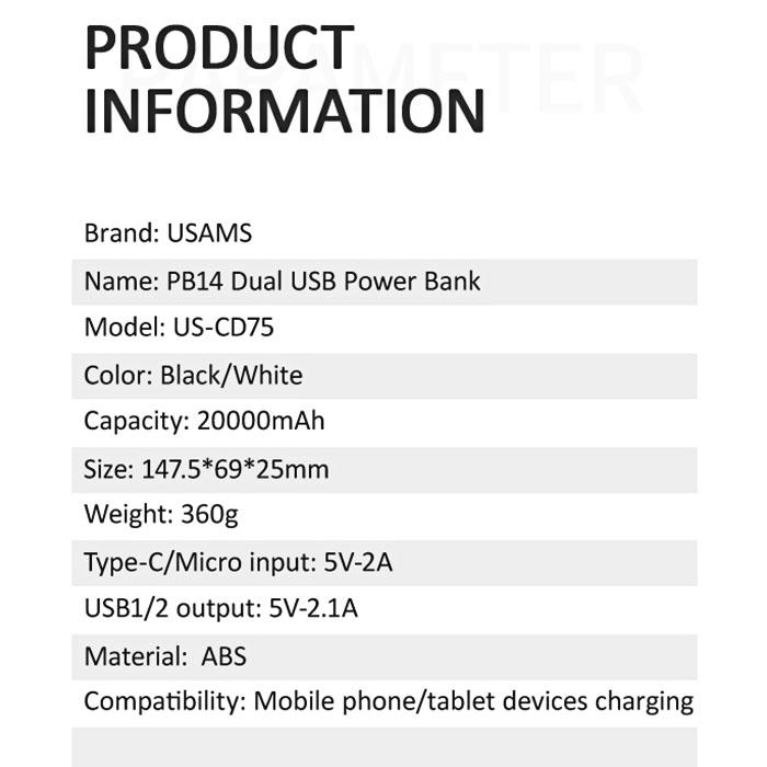 sạc dự phòng USAMS 20.000MAh