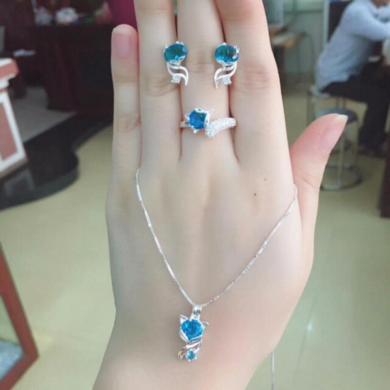 Bộ trang sức hồ ly bạc 925,bộ trang sức hồ ly đá xanh nước biển ,bộ trang sức hồ ly mệnh mộc - mệnh thủy trang sức Bạc QTJ