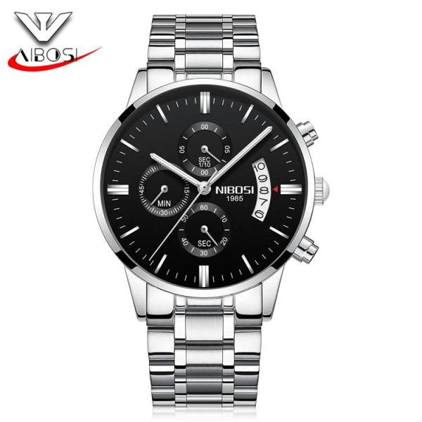 Nơi bán Đồng hồ nam Nibosi 1985 dây thép đúc cao cấp chạy 6 kim chống xước chịu nước (Mặt đen dây bạc)