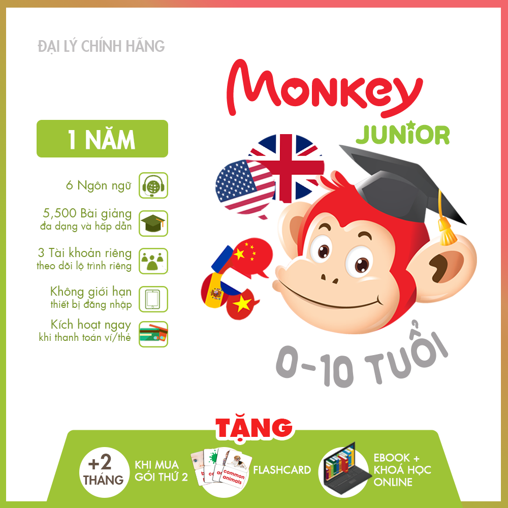 Phần mềm dạy tiếng Anh cho bé từ 0 đến 10 tuổi Monkey Junior - gói đa ngôn ngữ sử dụng 1 năm