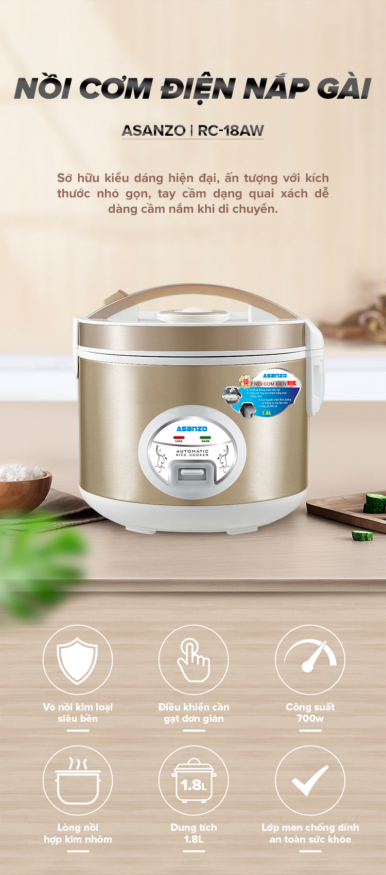 Nồi cơm điện Asanzo RC-18AW - 1.8 lít