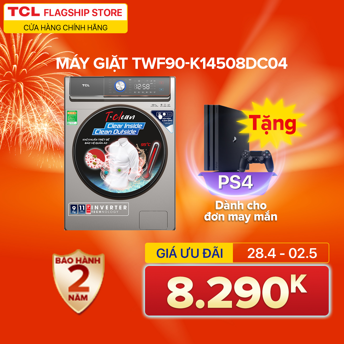 Máy giặt TCL Inverter 9 Kg TWF90-K14508DC04