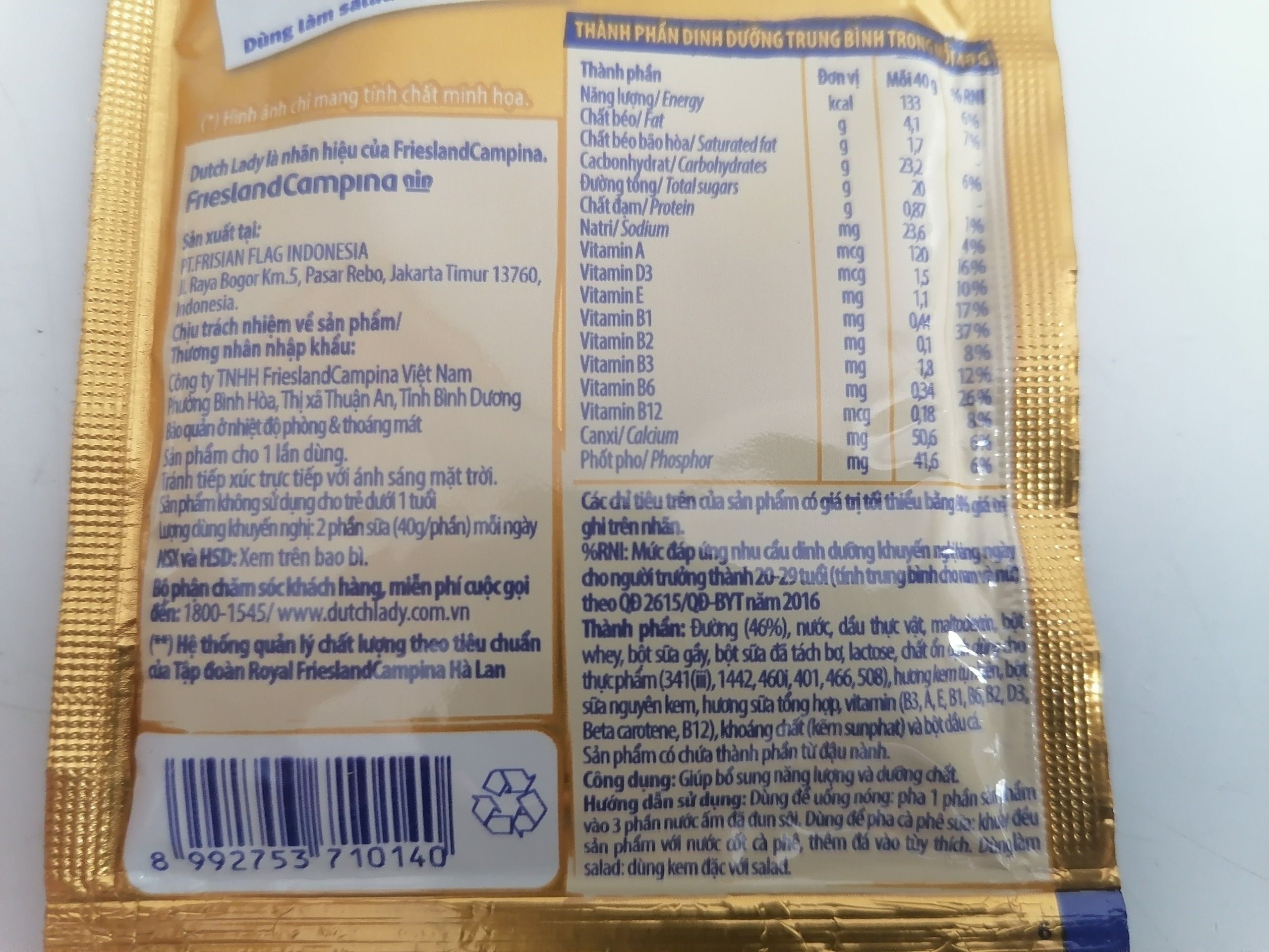 Sữa đặc Dutch Lady 40g lốc 6 gói