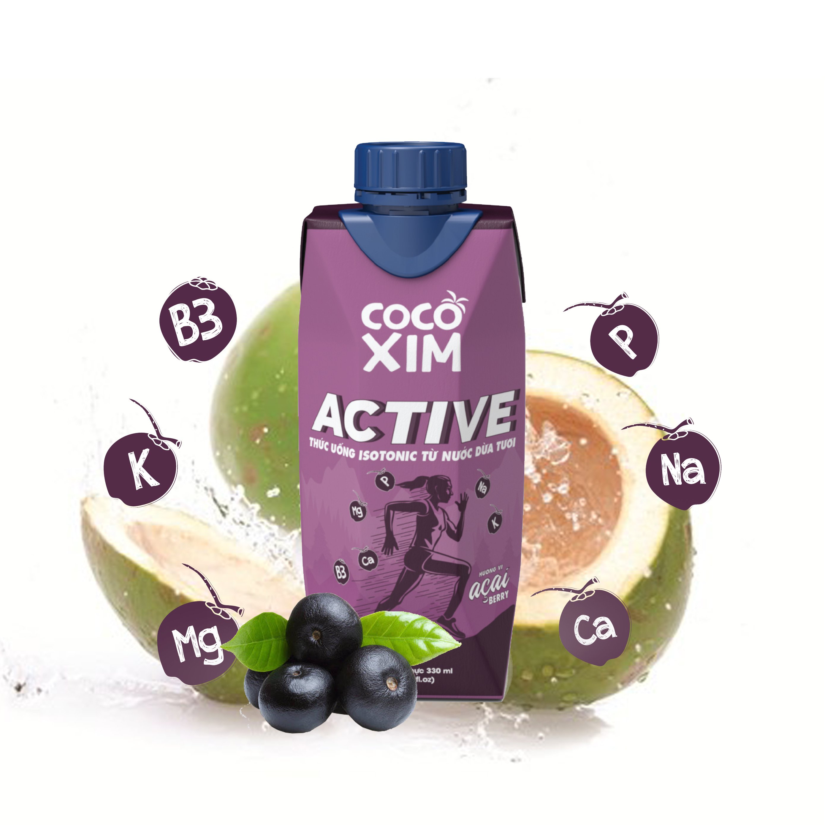 Nước dừa COCOXIM Active Acai Berry 330ml combo 3 hộp