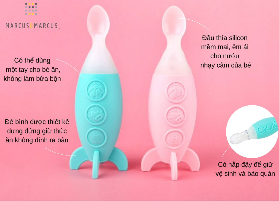 Bình bóp ăn dặm silicon có thìa cho bé Marcus & Marcus