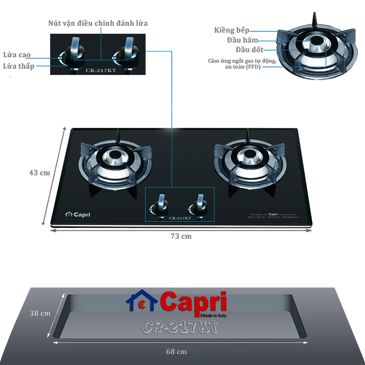Bếp gas âm Capri CR-217KT đôi