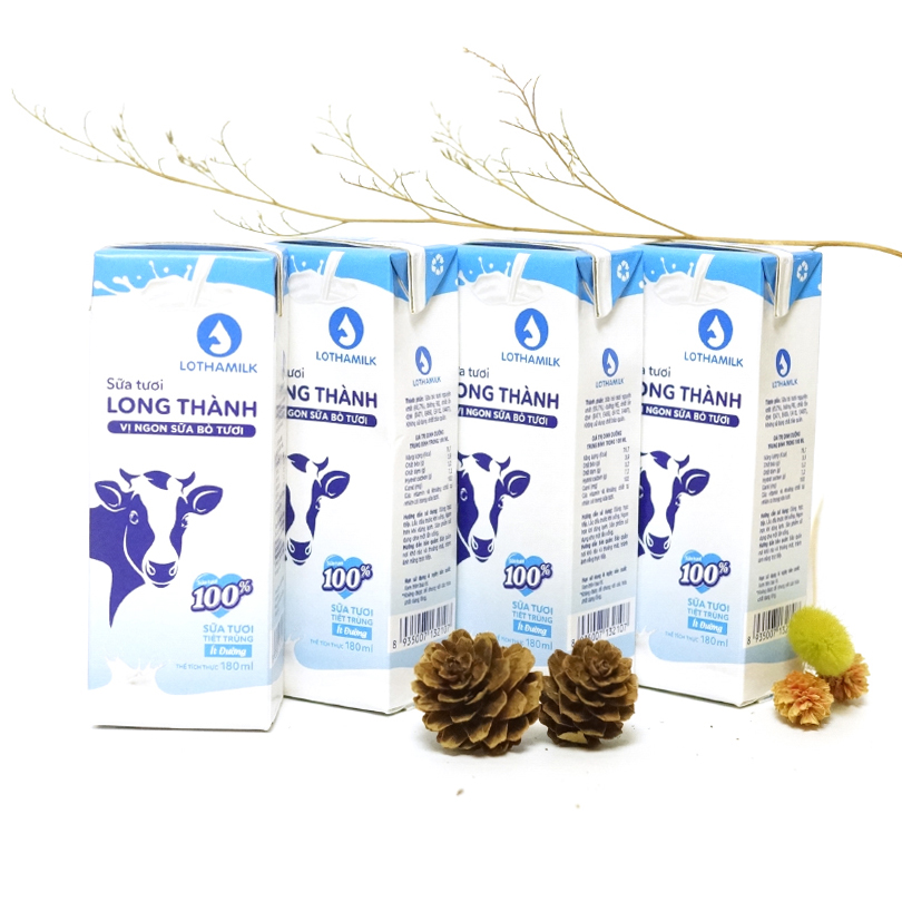 Lốc 4 hộp sữa tươi tiệt trùng ít đường Long Thành Lothamilk 180ml